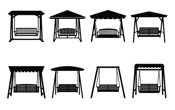 Porch swings variations in black and white silhouettes, vector illustration set of hanging outdoor seating for garden, patio, home decor, and relaxation themed design projects