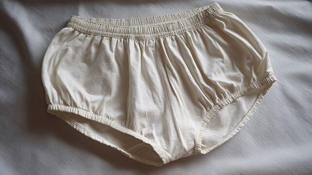 Classic vintage style cotton bloomers featuring soft white fabric, elastic waistband, and gentle ruffled edges, highlighting traditional handmade underwear craftsmanship and simple textile elegance