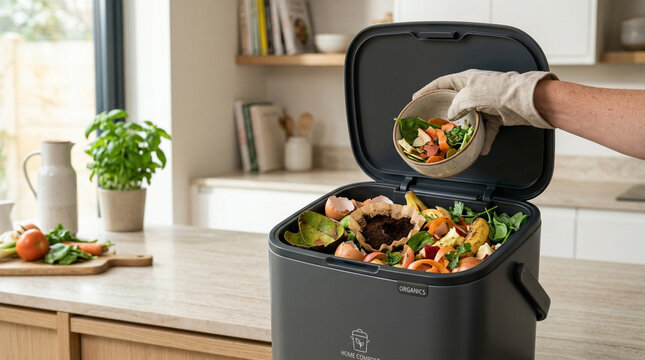 Person adding vegetable scraps to compost bin in modern kitchen  