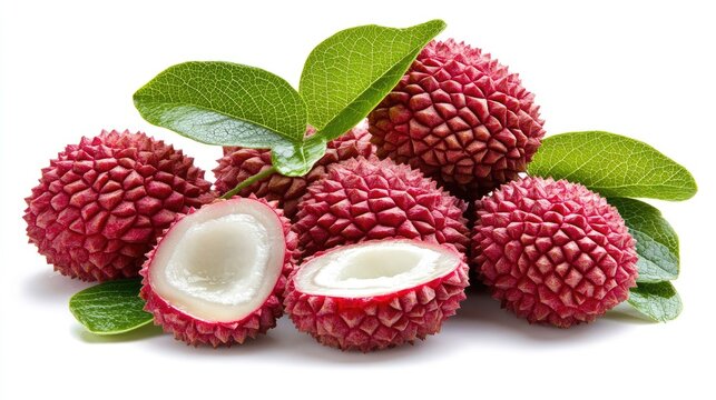 Close-up of Fresh Lychees with Leaves on White Background