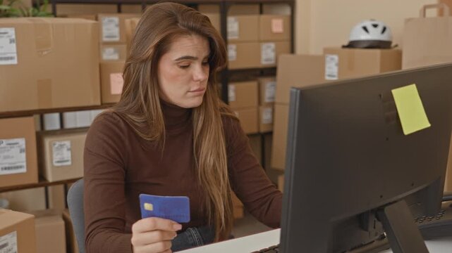Woman holding creditcard with hand toward computer monitor amid parcel boxes in building; online order frustration.