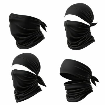 Four different views of black headgear with ties