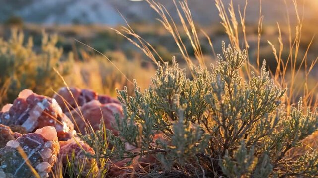 Close-up of vibrant rose quartz crystals nestled among desert plants bathed in warm sunlight, inspiring natural beauty