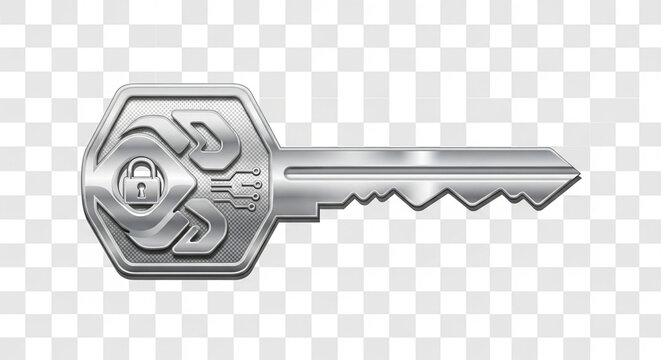 A silver key with a padlock design on a transparent background