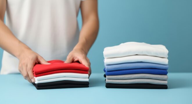 A person neatly stacks and organizes folded colorful clothes on a table