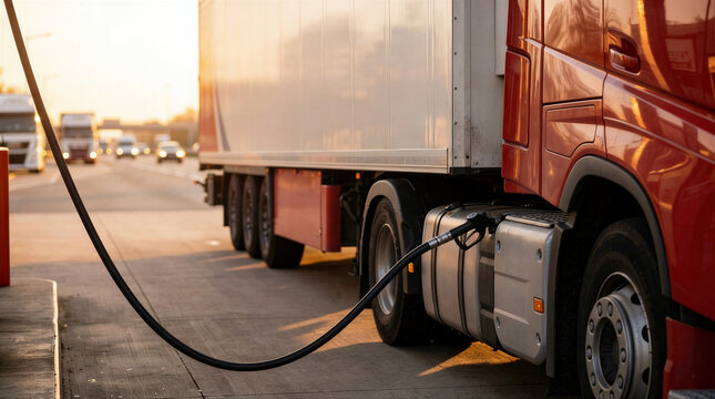 Red semitruck refueling at a highway gas station during golden hour, with a fuel nozzle in the tank