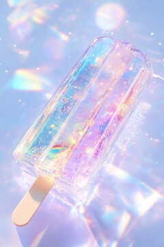 Transparent crystal object shaped like a popsicle with holographic refractions. Iridescent glass ice cream sculpture with rainbow optical flares. Abstract graphic design element for summer concepts