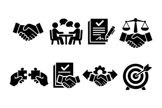 Business collaboration and agreement icons showing partnership, negotiation, and success