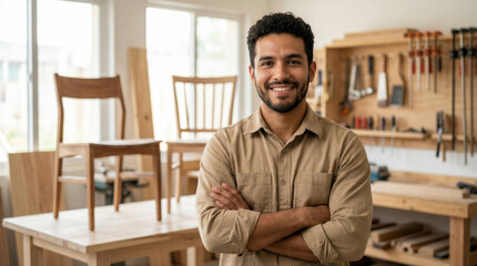 Fototapeta premium Happy young male carpenter smiling at camera with arms crossed in his woodworking workshop