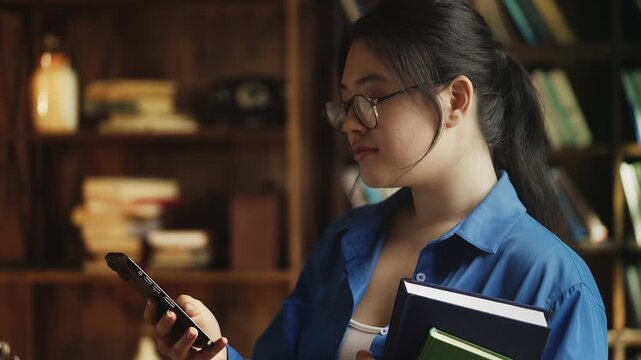 Young woman in glasses scrolling on phone in a library, mobile app for readers