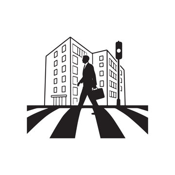 Silhouette of a businessman crossing a street at a zebra crossing in front of a tall building and traffic light