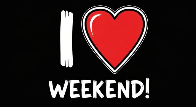 A stylized illustration of a heart with the text i love weekend on a black background