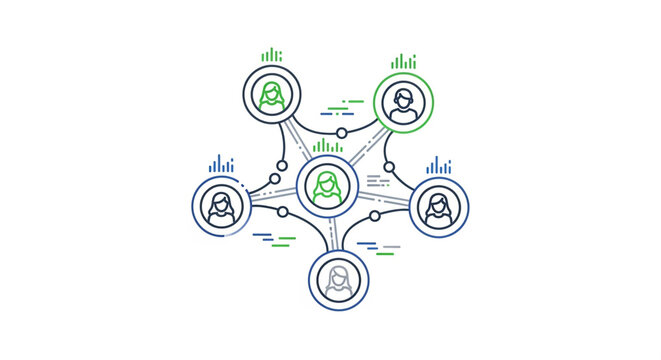 A vector graphic illustrating a network of connected people and data analysis