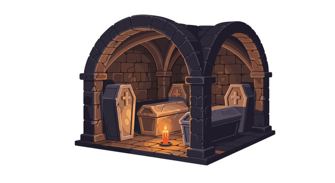 An arched stone crypt contains three distinct coffins and a single lit candle illuminating the textured stone walls and floor.