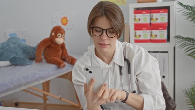 Young woman doctor taps smartphone screen with finger, stethoscope visible in pediatric clinic; telemedicine remote consult focus.