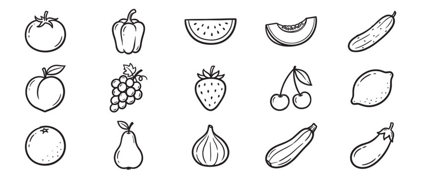 Collection of hand-drawn black and white outline illustrations of various fruits and vegetables in a simple, clean style