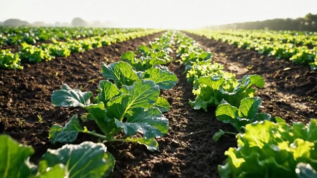 Low angle shot of rows of young fresh green leafy cabbages growing in a farm field bathed in bright sunlight.