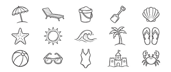 Fototapeta premium Collection of hand-drawn black and white doodle icons depicting various summer and beach-related objects, presented in a clean, illustrative style
