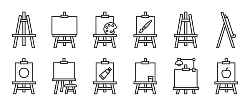 Collection of twelve black outline easel icons displaying various art supplies and simple drawings on canvases