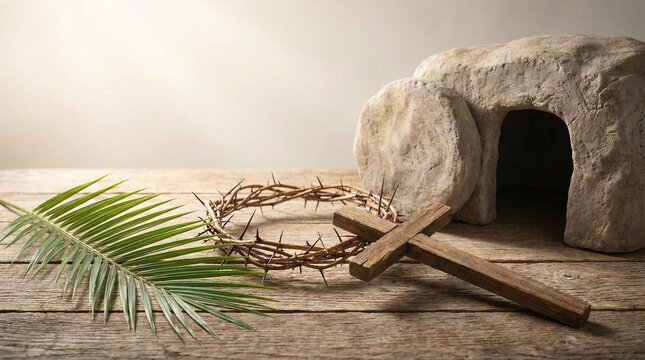 Wooden cross with crown of thorns, palm frond, and empty tomb arrangement on wooden surface with soft lighting.