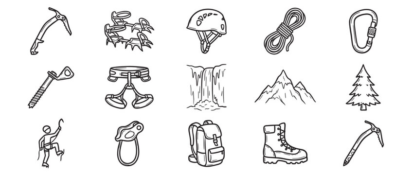 Collection of hand-drawn black and white doodle icons representing various climbing and outdoor adventure equipment and natural elements