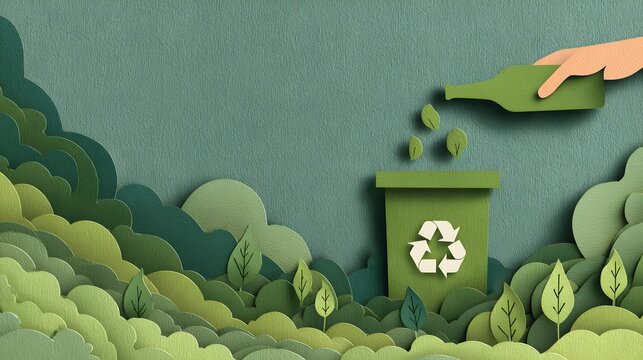 Papercut eco banner with a hand dropping a bottle into a green recycling bin among layered forest leaves, sustainability concept in sage, mint, and soft green tones