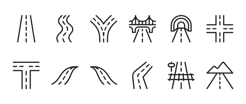 Collection of various simple black line art road icons depicting different types of paths and intersections