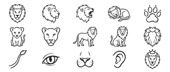 Fototapeta premium Collection of black outline lion illustrations, featuring various poses, faces, and details of the majestic animal