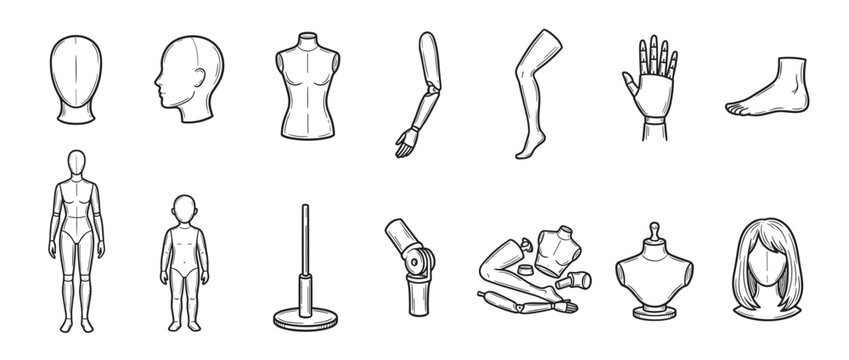 Various black outline mannequin parts and full figures are neatly arranged in a grid pattern, showcasing different forms and details