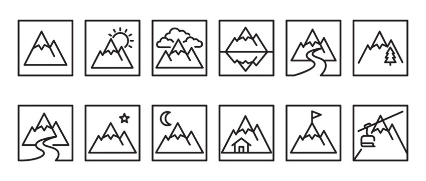 Collection of twelve black outline mountain icons, each depicting a different landscape or activity, presented in a clean, minimalist style