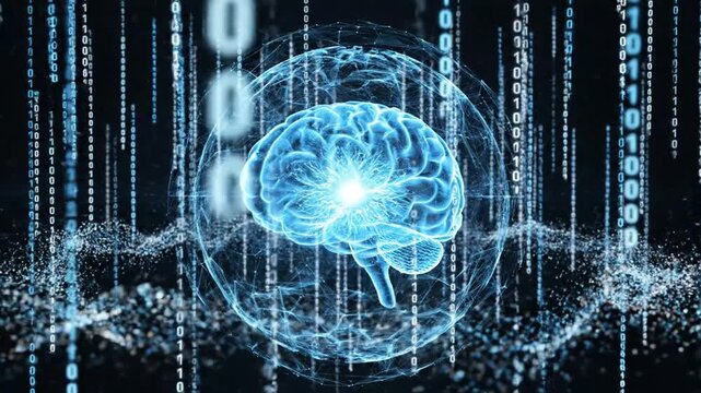 Digital brain with binary code background.