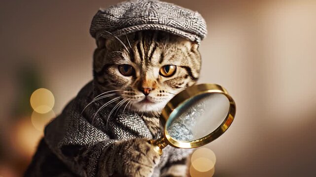 Clever cat dressed in detective coat examines with magnifying glass