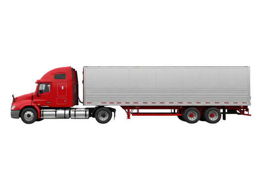 A side view of a red semi truck hauling a large silver metal cargo trailer for logistics transport