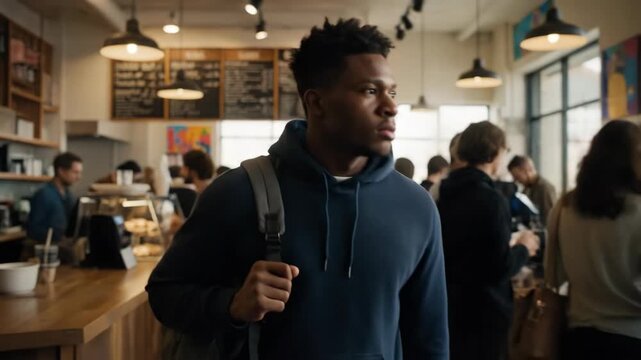 African man walks in coffee shop with people waiting in line inside cafe.