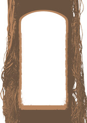 Obraz premium Vector frame with a realistic tree, banyan, or ficus with roots and branches in a gothic or grunge style. Space for inscription. Magical, fairytale, and mystical. Halloween party poster. No ai