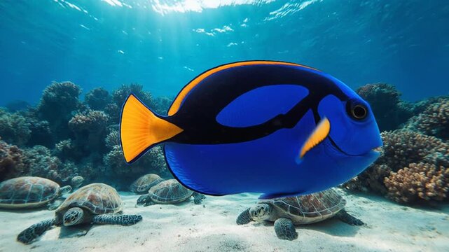 Vibrant blue tang fish swimming gracefully above a group of sea turtles resting on the sandy ocean floor near a coral reef with sunlight rays filtering through clear water.