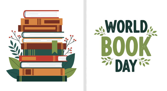 A vibrant illustration celebrating the joy of reading and knowledge, honoring World Book Day with stacked literary works, highlighting the importance of creative expression and author copyright