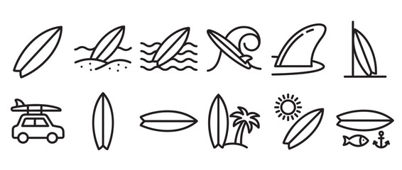Fototapeta premium Collection of black outline surfboard icons depicting various surf-related activities and beach elements, presented in a clean, minimalist style