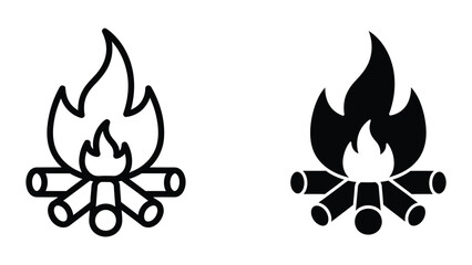 Two contrasting styles of campfire icons with flames and logs © MDMAROM