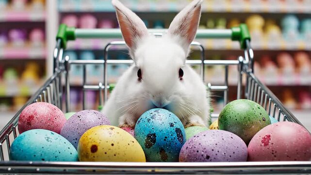 White bunny surrounded by colorful eggs in shopping cart