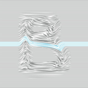 Stylized letter B formed by wavy horizontal lines with a blue accent band, creating a 3D wave distortion, optical illusion and modern typographic abstraction.