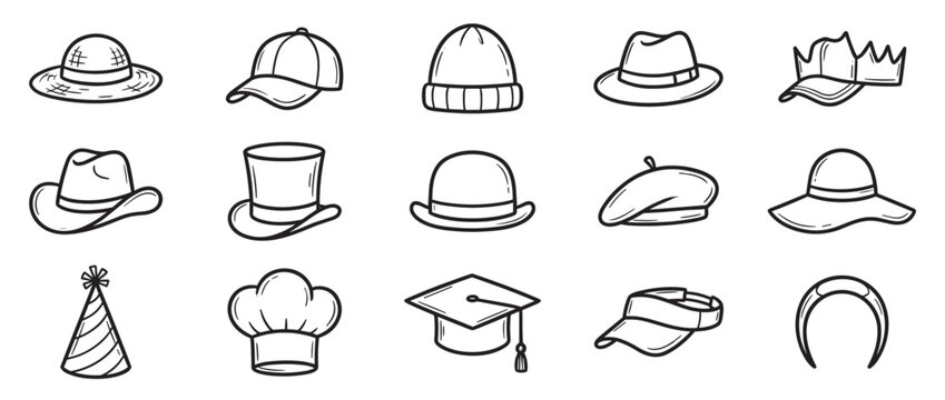 Collection of fifteen hand-drawn outline icons depicting various types of hats and headwear in a simple doodle style
