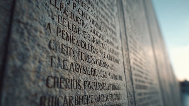 Gravestone inscription in cemetery. Close-up of engraved names and text on stone memorial wall, outdoor burial site, remembrance and mourning concept.
