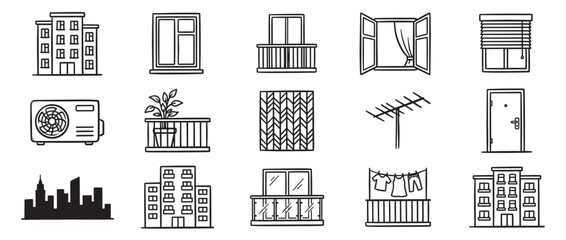 Naklejka premium Collection of hand-drawn black and white line art icons depicting various building elements and city life objects