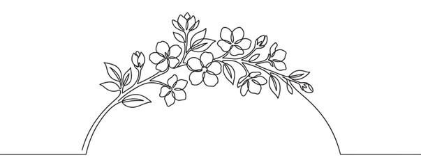 Fototapeta premium Delicate continuous line drawing of a blooming cherry blossom branch with flowers and buds, forming an elegant arch