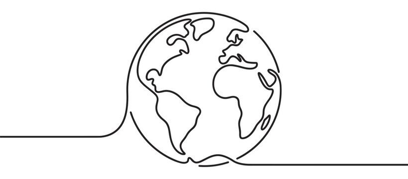 Minimalist continuous line drawing of the Earth globe with continents visible, rendered in a simple black outline style