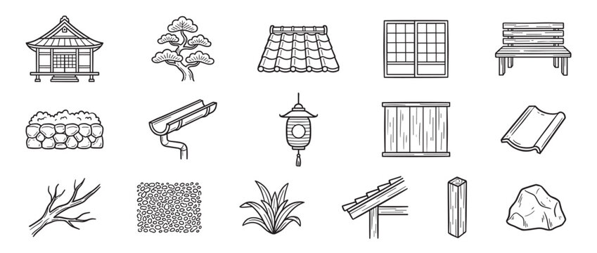 Collection of hand-drawn Japanese architecture and nature elements, including a temple, pine tree, roof tiles, and a stone wall