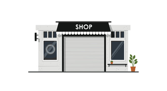 A modern grey shop front with a black awning and a closed roller shutter features two display windows, one with a blue neon circle.