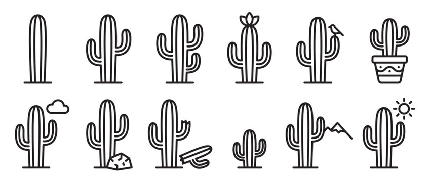 Collection of various simple black outline cactus icons with different shapes and small details, presented in a clean, minimalist style