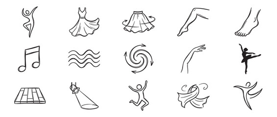 Fototapeta premium Various hand-drawn doodle icons representing dance, music, and movement, including a ballerina, musical note, and flowing fabric